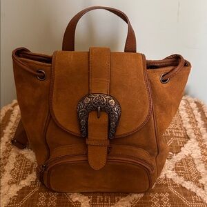 Brown Suede Backpack with Decorative Buckle